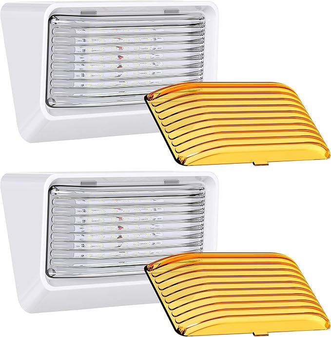 Leisure LED RV Exterior Porch Utility Light - 12v 280 Lumen Lighting Fixture. Replacement Lighting for RVs, Trailers, Campers, 5th Wheels. White Base, Clear and Amber Lens Included (White, 2-Pack)