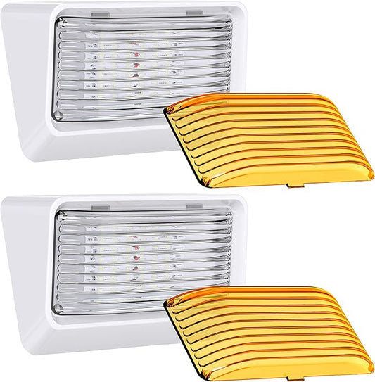 Leisure LED RV Exterior Porch Utility Light - 12v 280 Lumen Lighting Fixture. Replacement Lighting for RVs, Trailers, Campers, 5th Wheels. White Base, Clear and Amber Lens Included (White, 2-Pack)