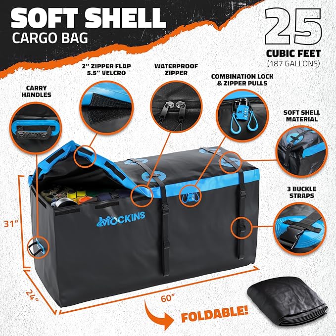 Mockins 60"x24"x6" Folding Trailer Hitch Cargo Carrier w/ 25 CuFt. Soft Vinyl Waterproof Cargo Bag for Hitch Carrier | 500 Lbs. Capacity Set w/License Plate Holder, Stabilizer, Locks, Straps, & Net