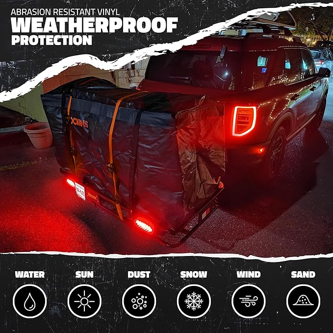 Mockins 60"x20"x6" Heavy Duty Trailer Hitch Cargo Carrier w/ 20 CuFt Waterproof Cargo Bag | 500 Lbs Cap All-Weather Folding Luggage Rack for SUV Car & Truck w/Rear Lights, License Plate Holder & More