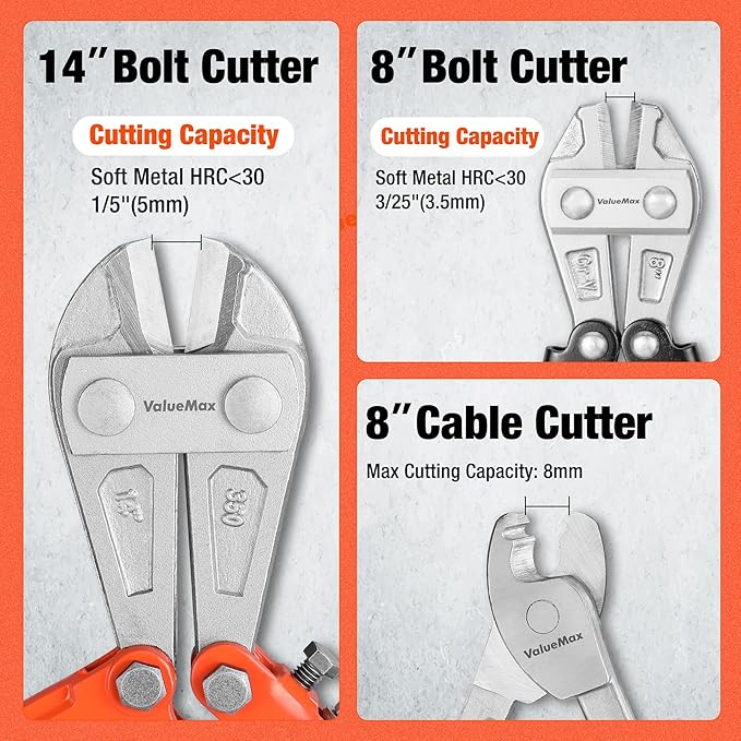 ValueMax Bolt Cutter Set, 3-Piece Heavy Duty, 14" and Mini 8" Cutters, 8" Cable Cutter With Carrying Bag for Locks, Steel Wire, Barbed Wire, Chains
