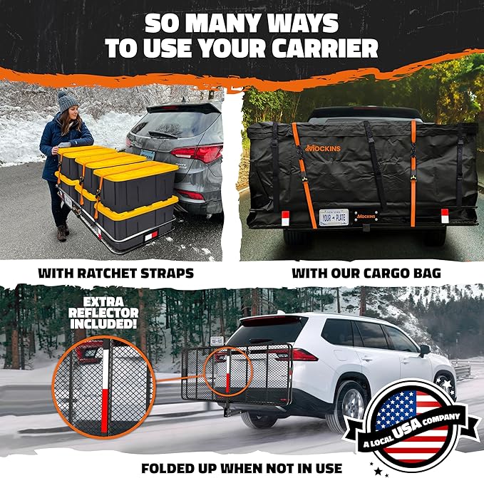 Mockins XXL 70"x30"x6" Folding Trailer Hitch Cargo Carrier | 500 Lbs. Cap Cargo Hitch Carrier Rack | Weatherproof Steel Luggage Rack for SUV, Car & Truck w/License Plate Holder, Stabilizer, & Straps