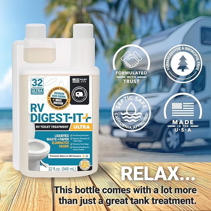 Unique RV Digest-It Ultra RV Toilet Treatment, 32 Uses, Super Concentrated, Eliminates Smells, Liquifies Waste, Easy-Measure Preventive Bio-Enzymatic Holding Tank Treatment, Package May Vary (32 oz)