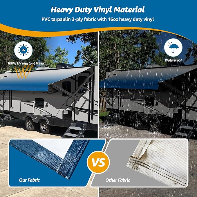 RV Awning Fabric Replacement, Patio Vinyl Outdoor Canopy for Campers, Trailers, and Motorhomes (Black Solid, 16'(Fabric 15'2"))