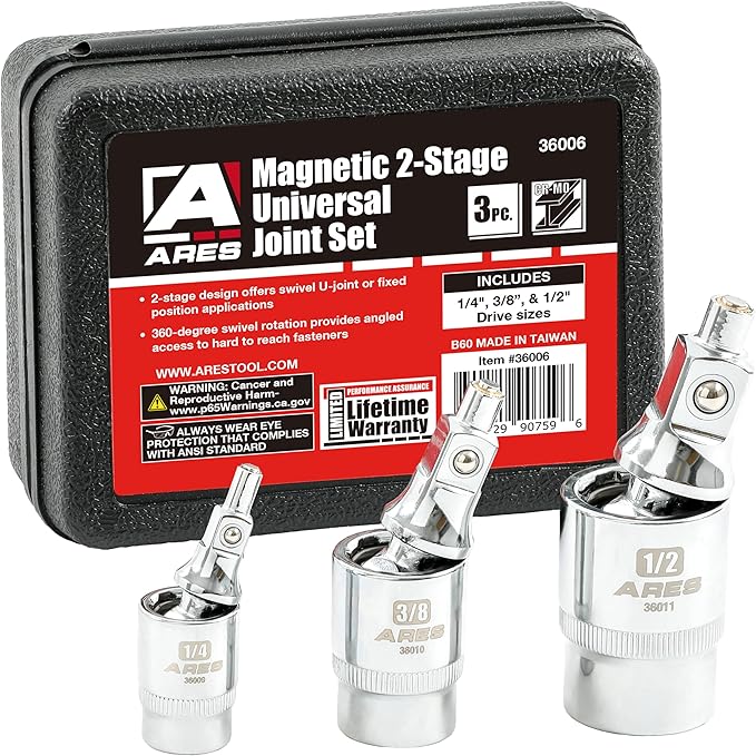 ARES 36006-3-Piece Magnetic 2-Stage Universal Joint Set – 2-Stage Design Changes Socket from Swivel to Fixed Position - 1/4-Inch, 3/8-Inch, and 1/2-Inch Drive – Magnet Tips for Use with Bolts