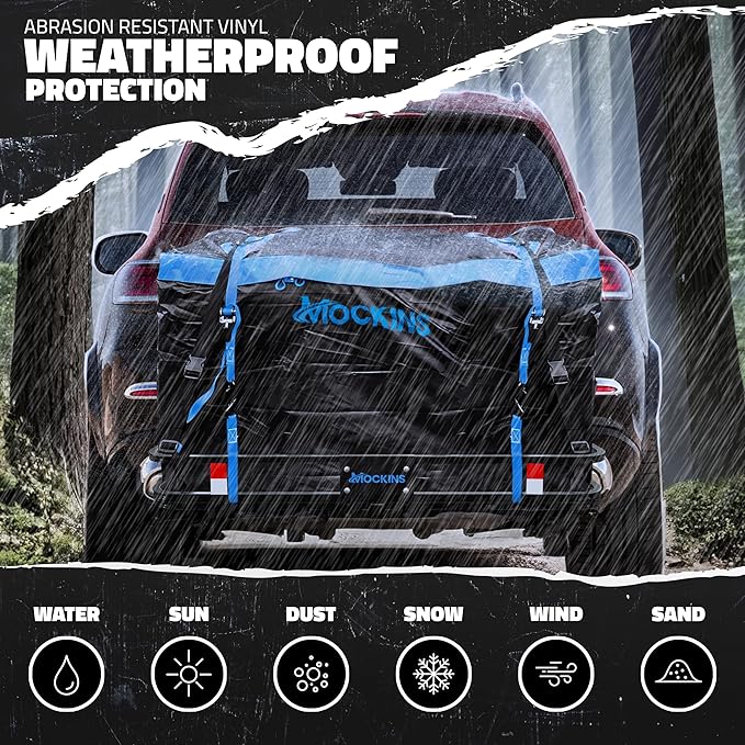 Mockins 2-in-1 Trailer Hitch Cargo Carrier Bench 48"x18"x6" w/ 15 CuFt Vehicle Soft Shell Carriers Bag | 500 Lbs. Capacity Folding Cargo Hitch Carrier Tailgate Seating Set w/Stabilizer, Straps & Lock