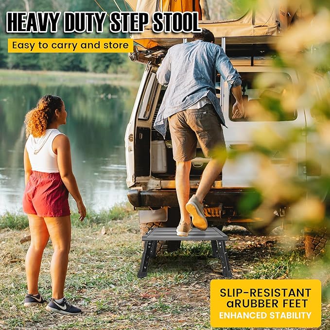 Adjustable RV Step Stool, 3-Step Height Adjustment, Foldable Legs, Wide Anti-Slip Surface,Supports Up to 1,000 lb, Premium Aluminum Construction Easy to Carry