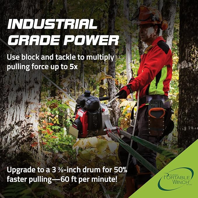 Portable Winch PCW5000-A Gas-Powered Capstan Winch with Accessories - 2,200 lbs Pulling Capacity Winch, Honda GXH50 Engine Portable Gas Winch for Hunting, Logging, and Towing