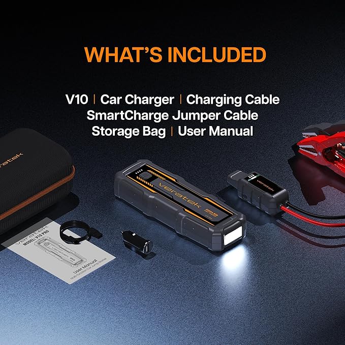 V10 Pro 4000A Car Battery Jump Starter Portable (10.0L Gas & 8.0L Diesel) – 12V Lithium Battery Booster Pack with SmartCharge Safety, Jumper Cables, 24000mAh Power Bank, Jump Box, LED Light