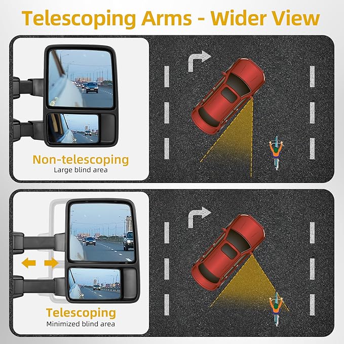 DWVO Towing Mirrors Compatible with 99-07 Ford F250 F350 F450 F550 Super Duty, LED Turn Signal Power Heated Telescoping Trailer Tow Mirror A Pair, Chrome
