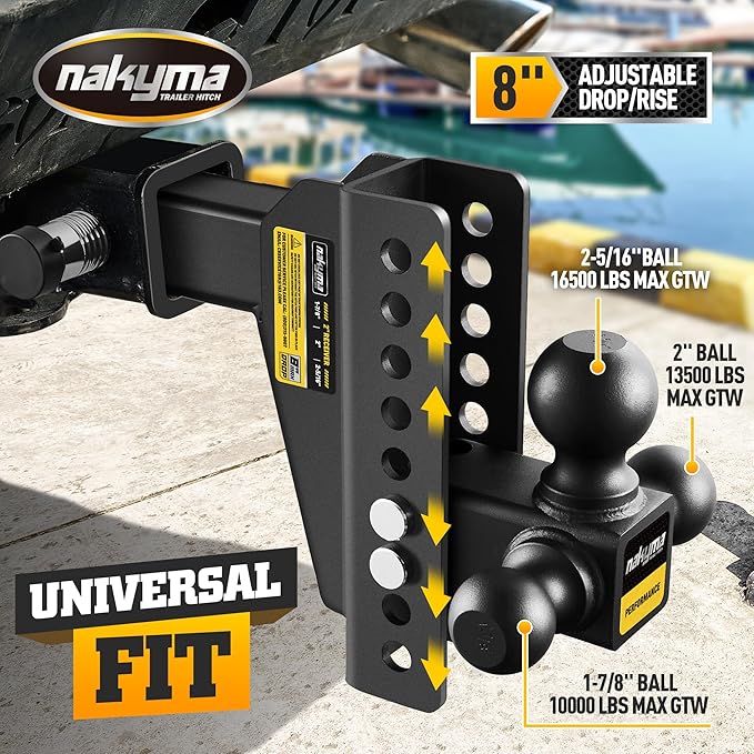 Adjustable Drop Hitch, 8 Inch Drop Trailer Hitch,Tri-Ball(1-7/8'', 2'', 2-5/16'') Hitch, Fits 2-Inch Receiver, Max 16,500 LBS GTW-Truck Trailer Hitch with Double Anti-Theft Pins Locks