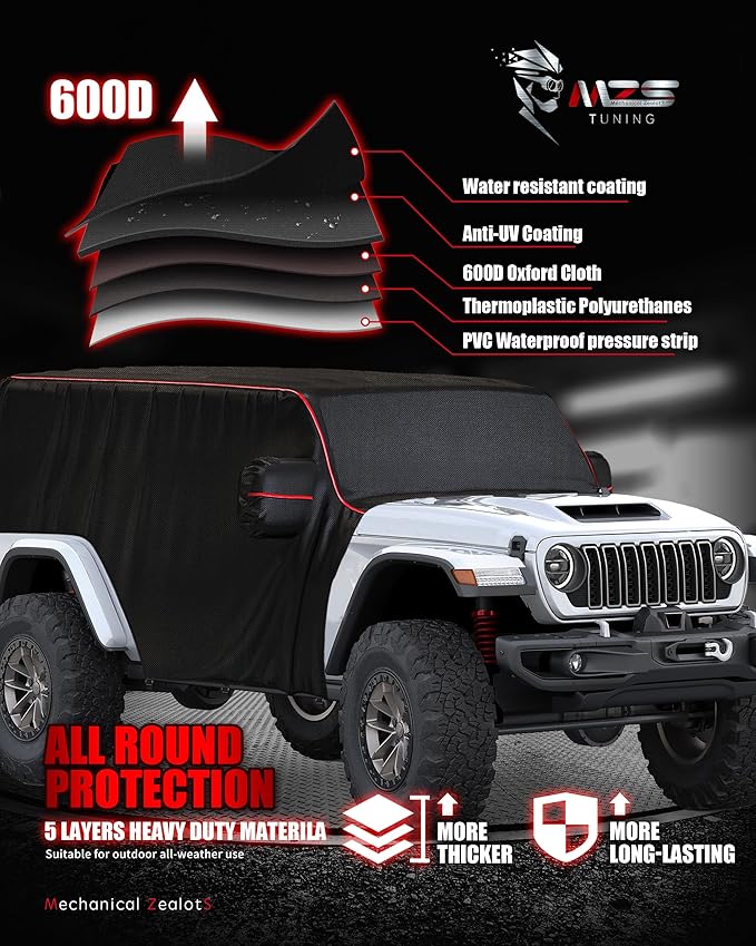 MZS Cab Cover Compatible with Wrangler Unlimited JK JL JKU JLU 4 Door 2007-2026, 600D Waterproof Wrangler Cover with Driver Door Zipper 8 Gust Hook Car Half Cover Windproof Sun Snow Rain Protection