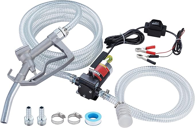 TOPWAY 12V DC Gasoline Fuel Pump Kit, Self-priming Oil Transfer Pump with Handle, Reversible Pumping, Overheat Protection, Explosion-Proof, Oil Hose, Nozzle for Gasoline Fuel Diesel Kerosene Removal