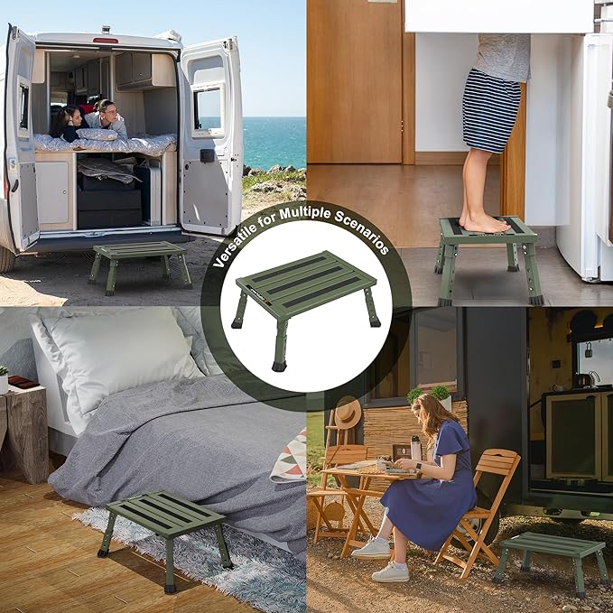 Adjustable RV Step Stool, 3-Step Height Adjustment, Foldable Legs, Wide Anti-Slip Surface,Supports Up to 1,000 lb, Premium Aluminum Construction Easy to Carry (Army Green)
