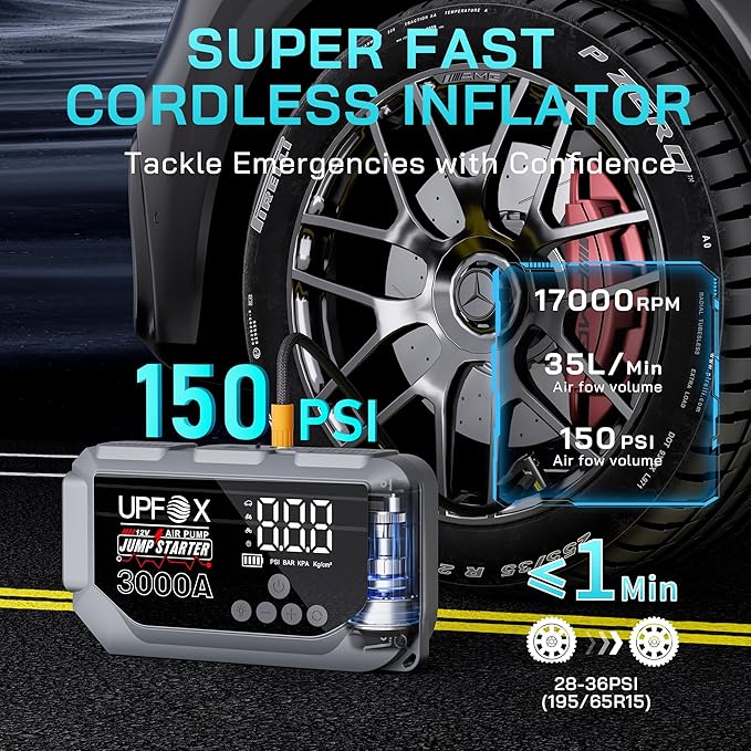 3000A Jump Starter with Air Compressor 12V – Portable Car Jump Starter for 8.0L Gas & 6.0L Diesel Engines, 150PSI Tire Inflator with LED Display, Emergency Jump Box with 3 Light Modes & Jumper Cables