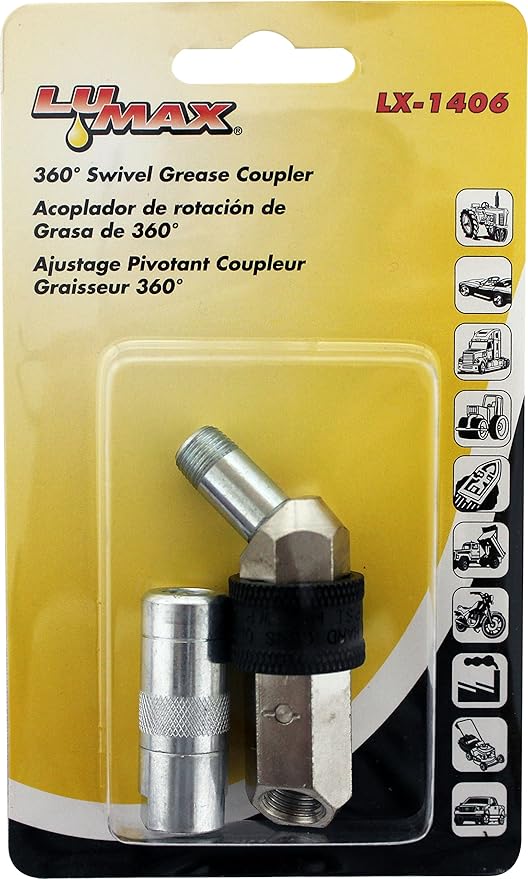 LUMAX LX-1406 Silver 360 Degree Swivel Grease Coupler,1/8" NPT Female Inlet, 45 Degree Angle Gives Easy Access to Most Grease Fittings