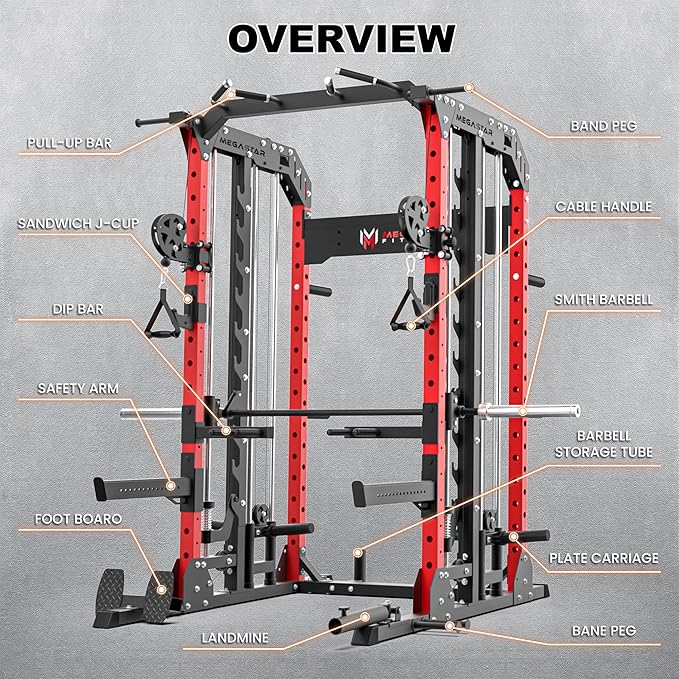 Smith Machine for Home Gym - 2000lbs Capacity All-in-One Power Rack with Cable Crossover, Pull-Up Bar & Dip Station, Includes 18 Attachments, P107 Anvil