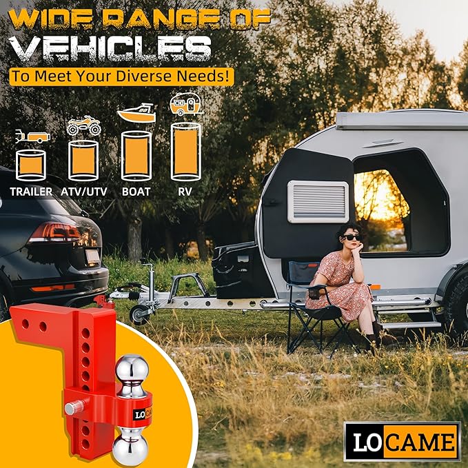 LOCAME Adjustable Trailer Hitch, Fits 2.5-Inch Receiver Only, 8-Inch Drop/Rise Aluminum Drop Hitch,18,500 LBS GTW-Tow Hitch for Heavy Duty Truck with Double Stainless Steel Locks, Red, LC0015