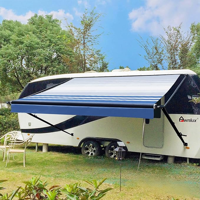 Awnlux Black Manual Modular Retractable RV Awning Full Set Assemblies for RV, 5th Wheel, Travel Trailers, Toy Haulers, and Motorhome - RV Trailer Awning for Home or Camper - 13x8 Ft - Blue Strip