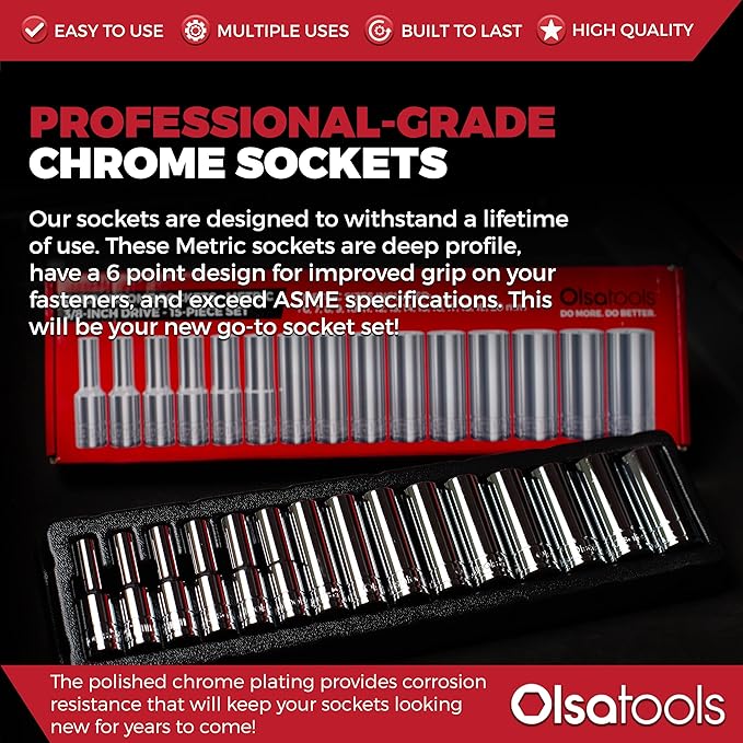 Olsa Tools Metric Deep Socket Set - 3/8-Inch Drive, 15pc - 6-Point Chrome Sockets from 6mm–20mm and No Skipped Sizes - Mechanic Deep Metric Socket Set - Professional Grade Long Sockets - Part: 1316