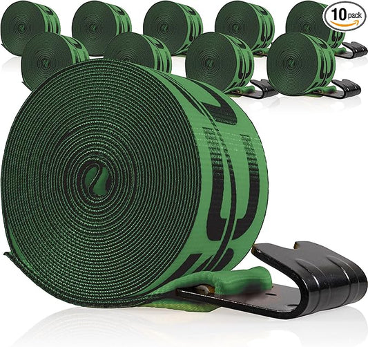 US Cargo Control Winch Straps 4" x 30' (10-Pack), 5,400 LBS Working Load Limit, Heavy Duty Flatbed Tie Downs with Flat Hooks, Green 4 Inch Straps for Flatbed Trailer, Truck, and Cargo Securement