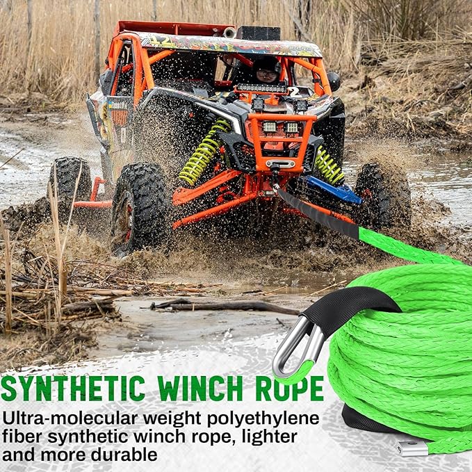 Green Synthetic Winch Rope 3/8'' x 50ft 26, 500 Lbs Synthetic Winch Line Cable Rope with Protective Sleeve for Off Road Vehicle 4WD SUV Truck ATV UTV SUV