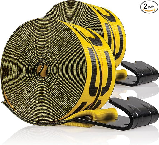 US Cargo Control Winch Straps 4" x 30' (2-Pack), 5,400 LBS Working Load Limit, Heavy Duty Flatbed Tie Downs with Flat Hooks, Yellow 4 Inch Straps for Flatbed Trailer, Truck, and Cargo Securement
