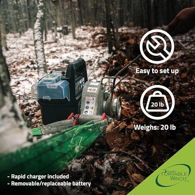 Portable Winch PCW3000-Li-A Battery-Powered Capstan Winch with Accessories - 2,200 lbs Pulling Capacity Winch, Lithium-Ion 80/82 V Batteries Powered, for Hunting, Logging, and Towing