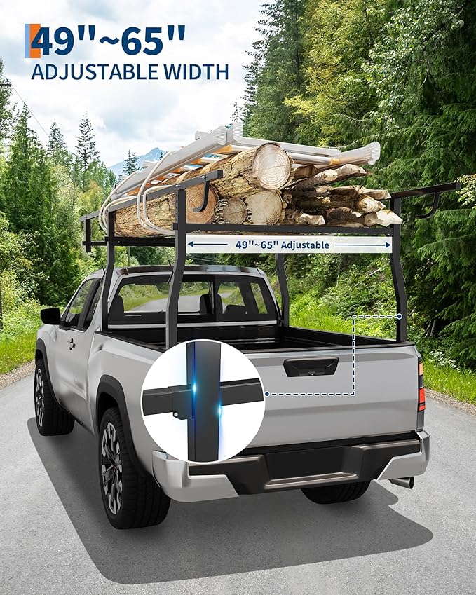 1000 LBS Adjustable Truck Bed Rack, Powder-Coated Steel Over-Cab Rack, 49-65 Inch Width Fit Long Cab/Full Size Trucks, Utility Rack for Ladder, Lumber, Kayak