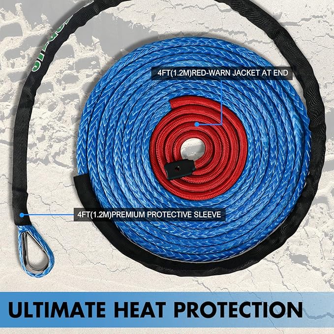 Synthetic Winch Rope, 3/8" x100ft 23809LBS Dyneema Winch Rope 3/8 Heavy Duty Winch Cable with Protective Sleeve Forged Winch Hook for 4WD Off Road Vehicle Truck SUV (Blue)
