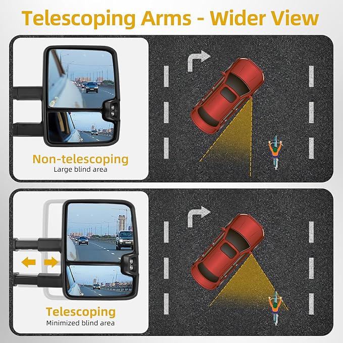 DWVO Towing Mirrors Compatible with 03-06 Silverado Sierra 1500 2500 HD 3500 Escalade Suburban Tahoe Yukon, LED Turn Signal Light Running Lights Power Heated Manually Folding Switchback White