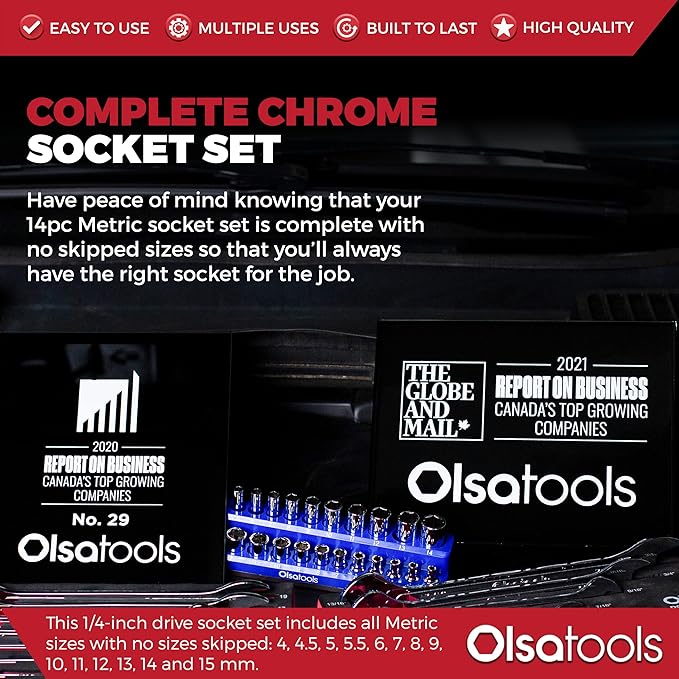 Olsa Tools Metric Shallow Socket Set - 1/4-Inch Drive, 14pc - 6-Point Chrome Sockets from 4mm–15mm and No Skipped Sizes - Mechanic Shallow Metric Socket Set - Professional Grade Sockets - Part: 1328