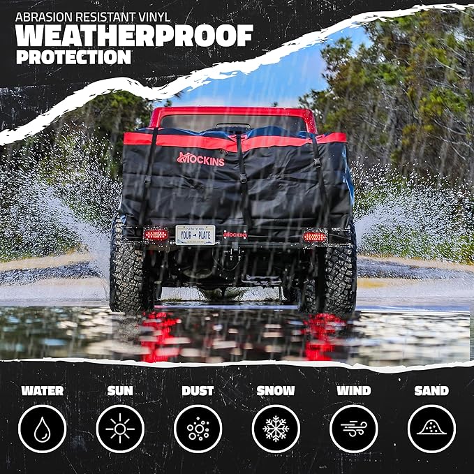 Mockins XXL 70"x30"x6" Folding Trailer Hitch Cargo Carrier w/Rear Lights, License Plate Bracket & 40 Cu Ft Waterproof Cargo Bag for Hitch Carrier | 500 Lbs Cap Car Trailer Basket Set w/Accessories