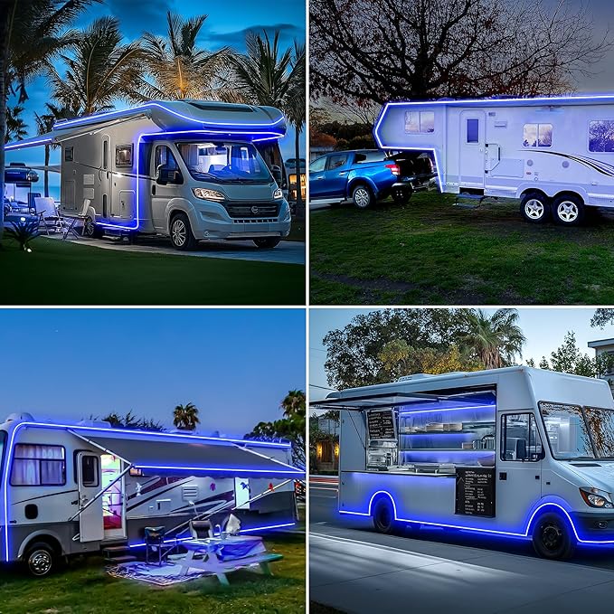 RV Awning Lights 20FT, Camper Awning Lights for RV Canopy Exterior, IP67 12V Blue COB Waterproof Underglow Led Light kit for Motorhome, Travel Party, Trailers, Food Trucks (20FT-Blue)