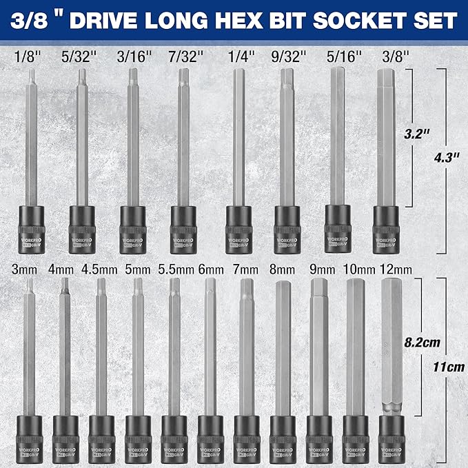 WORKPRO 19-piece 3/8 Inch Drive Extra Long Hex Bit Socket Set, Torx Bit Socket Set, Premium S2 Steel Long Allen Star Bits and CR-V Sockets Set with Storage Case