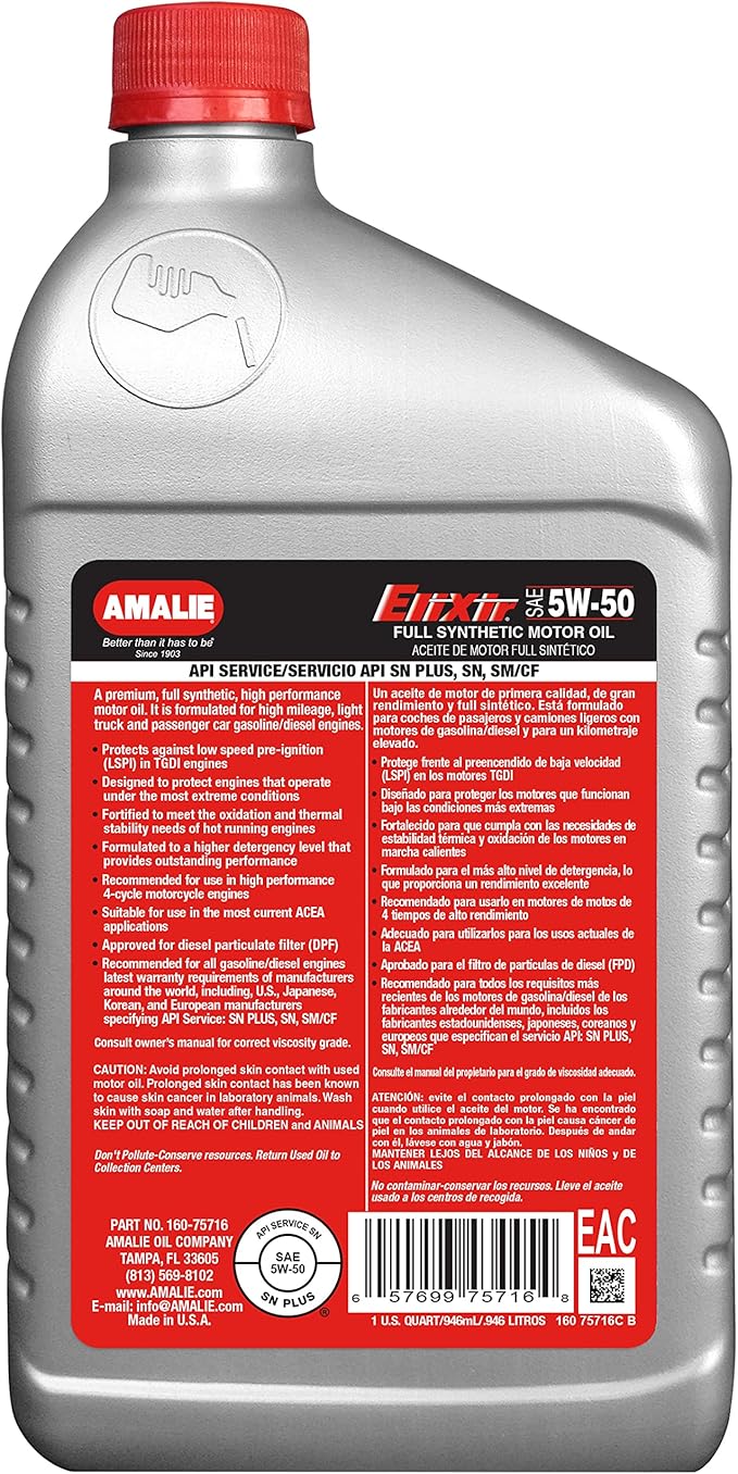 Amalie Elixir Full Synthetic 5W-50 Motor Oil (160-75716-56) 1 Quart Bottle, Pack of 12 | Made in USA