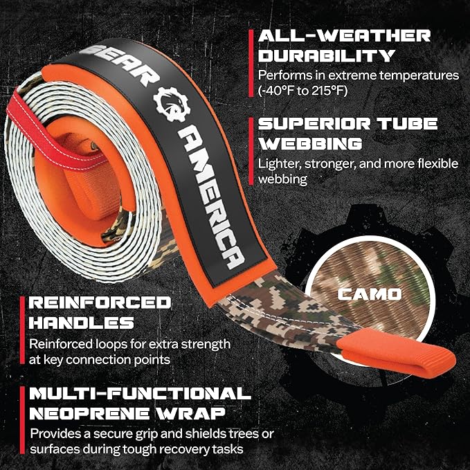 GearAmerica Heavy Duty 3"x20' Tow & Winch Strap - 35,053lbs Tree Saver, Break Strength Recovery Rope for Offroad & Towing - Weather Resistant, Triple Reinforced Loops (Camo) - Tow Strap