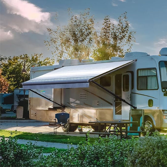 Suncode Manual RV Awning Black Modular Retractable Awning Complete Kit for RV,5th Wheel,Travel Trailers,Toy Haulers,Motorhome RV Trailer Awning for Home or Camper-17x8Ft-Blue Strip