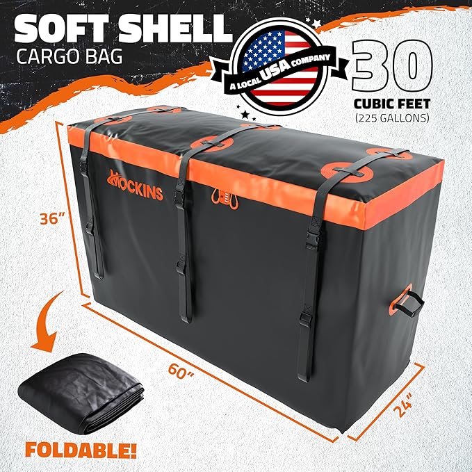 Mockins 30 Cu.Ft. Trailer Hitch Cargo Carrier Bag | 60"x24"x36" Waterproof Cargo Bag for Hitch Carrier & 6 Packing Cubes 29"x23"x12" | Weatherproof Vehicle Soft-Shell Carriers w/Buckle Straps & Lock