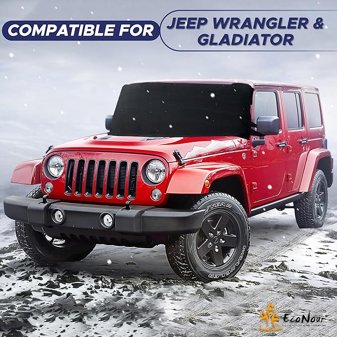 EcoNour Jeep Windshield Snow Cover | Durable 600D Oxford Fabric Winter Car | Windshield Ice Cover for Jeep Wrangler, Bronco, Gladiators | X-Small