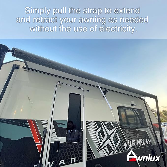 Awnlux Black Manual Modular Retractable RV Awning Full Set Assemblies for RV, 5th Wheel, Travel Trailers, Toy Haulers, and Motorhome - RV Trailer Awning for Home or Camper - 13x8 Ft - Ocean Blue