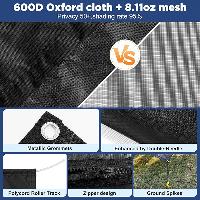 RV Awning Sun Shade Screen with Zipper 7' X 11'3",600D Oxford Cloth + Vinyl Mesh,Sunscreen Shade Complete Kits for Camper Trailer Awning,Black