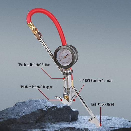 WYNNsky Tire Inflator with Tire Pressure Gauge, Extended Straight-on Air Chuck with 12 Inch Rubber Air Hose