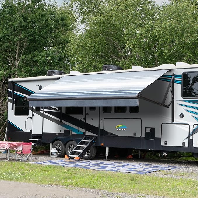 Suncode Black Motorized RV Awning Modular Retractable RV Awning Complete Kit for RV,5th Wheel,Travel Trailers,Toy Haulers,and Motorhome RV Trailer Awning for Home or Camper-12x8Ft-Blue Strip