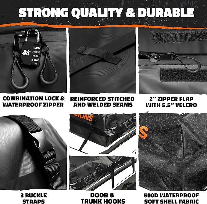 Mockins 72"x48"x20" XXL Car Rooftop Cargo Carrier Bag | 40 CuFt Car Topper Luggage Carrier Waterproof Bag | Soft-Shell Vinyl Roof Cargo Bag for Top of Car, Truck, SUV, Van & RV with Accessories