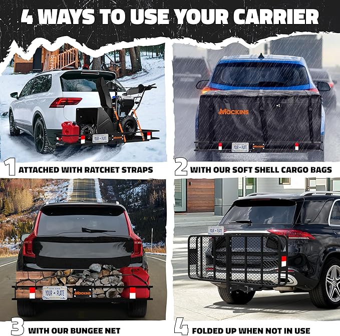 Mockins 60"x20"x6" Heavy Duty Trailer Hitch Cargo Carrier w/License Plate Holder & 16 Cu.Ft. Waterproof Cargo Bag for Hitch Carrier | All-Weather 500 Lbs Cap Folding Luggage Rack for SUV Car & Truck