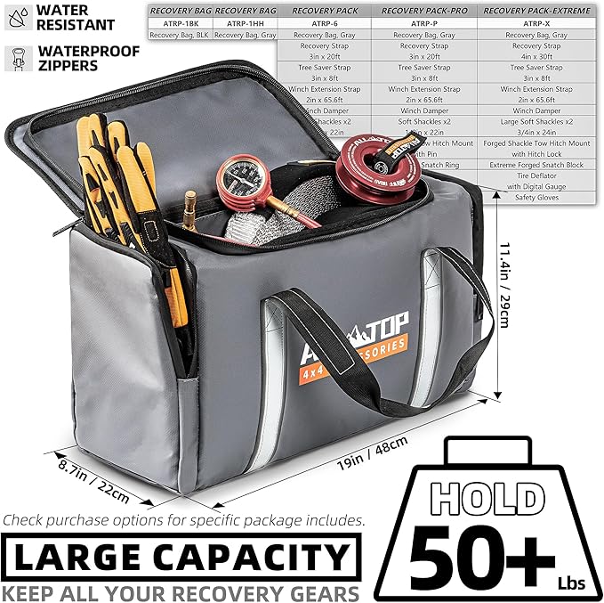 ALL-TOP Recovery Pack 7in1: Water-Resist Offroad Gear Bag with Tow Strap, Tree Saver, Extension Strap, Damper & 2 Soft Shackles