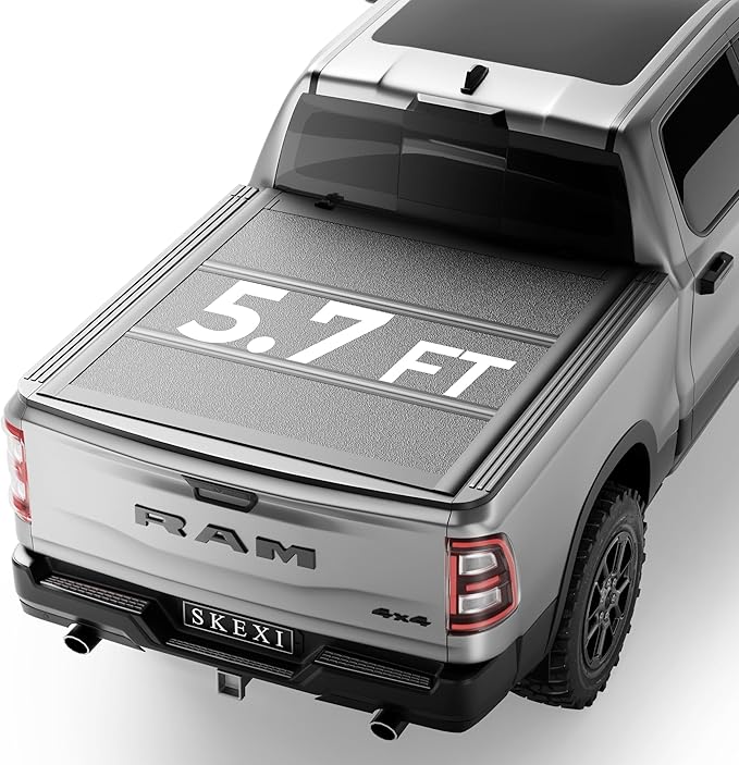 FRP Tonneau Cover Truck Bed for F19-25 Ram 1500 New Body 5.7FT Bed (67.4") w/o RamBox, Low Profile Truck Bed Cover Locking Drill-Free Install Heavy Duty Hard Folding Waterproof Fiberglass Anti-Theft