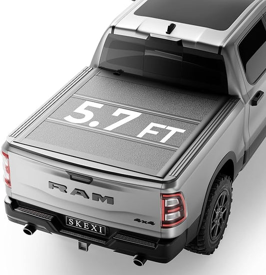 FRP Tonneau Cover Truck Bed for F19-25 Ram 1500 New Body 5.7FT Bed (67.4") w/o RamBox, Low Profile Truck Bed Cover Locking Drill-Free Install Heavy Duty Hard Folding Waterproof Fiberglass Anti-Theft