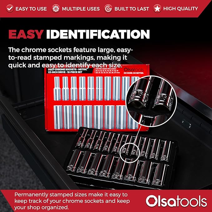 Olsa Tools Metric Deep Socket Set - 1/2-Inch Drive, 18pc - 6-Point Chrome Sockets from 10mm–27mm and No Skipped Sizes - Mechanic Deep Metric Socket Set - Professional Grade Long Sockets - Part: 1325